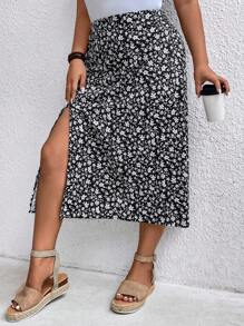 SHEIN LUNE Plus Size Women's Ditsy Floral Side Slit Hem Maxi Casual Skirt - Multicolor - View 7
