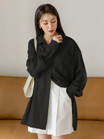 DAZY Solid Color Polo Collar Business Casual Shirt,Fall Clothes Preppy Tops Long Sleeve Top