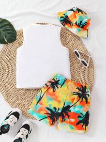 Set de 3 piezas (Parte superior sin mangas con estampado de selva tropical y palmeras, shorts y gorra) casual para niño, para vacaciones, viajes, verano - Blanco - Ver 2