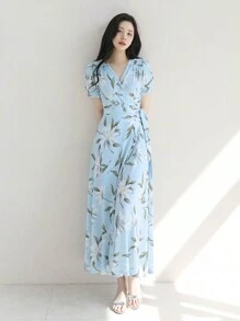 DAZY Women Floral V-Neck Fitted Short Sleeve Dress, Autumn Sundress