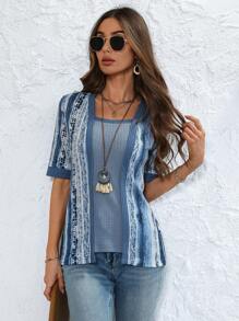 EMERY ROSE Damen lässiges Batik-Muster Kurzarm Loose Fit T-Shirt mit Quadrat-Ausschnitt, Sommer