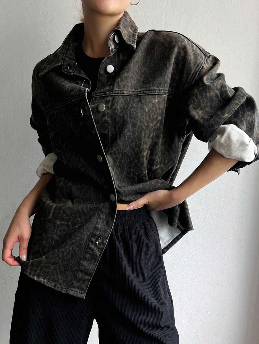 DAZY 女式纽扣长袖牛仔夹克，休闲装，秋季服装 - 咖啡棕 - 查看 1