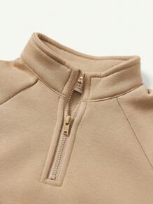 Cozy Pixies 2pcs Baby Boy's Stand Collar Raglan Sleeve Pouch Front Solid Color Sweatshirt & Pants Set - Khaki - View 3