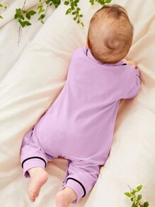 Bé gái sơ sinh Tương phản ràng buộc Nút phía trước Áo liền quần giản dị - Màu Lilac Tím - Xem 2