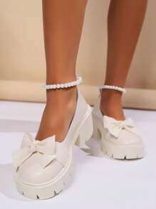 1 par de sapatos Mary Jane de sola grossa campus feminino com laço e decoração de pérolas artificiais, estilo escolar doce, primavera