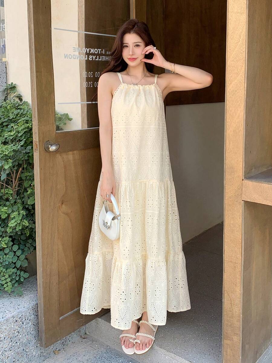 DAZY 女士夏季休闲纯色镂空刺绣吊带连衣裙，荷叶边，返校季服装，度假装，邮轮旅行装，女士长款连衣裙 - 米色 - 查看 1