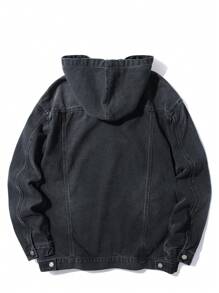 Chillumni 男士休闲字母印花连帽牛仔夹克，春秋 - 黑色 - 查看 2