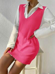 RueChic 1pc Solid V Neck Sweater Vest Dress Without Belt & Blouse - Hot Pink - View 6