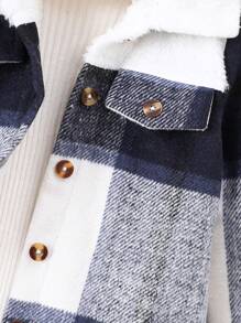SHEIN Young Girls Blue Plaid Patchwork Thermal Lined Lapel Casual Jacket For Fall Winter, Suitable For School Commute & Street Wear