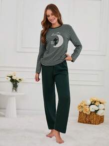 RueChic 100% Cotton 2Pcs  Striped&Embroidry Detail Shirt And Long Bottom Lounge Set - Green - View 5