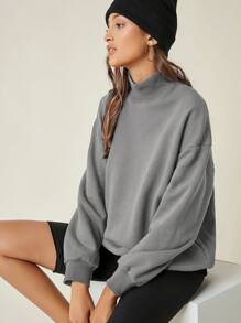 Cottnline Mock Neck Drop Shoulder Pullover - Grey - View 1