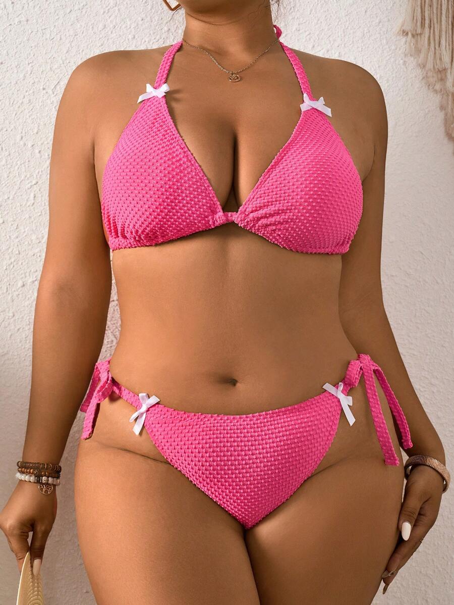 大码女式撞色蝴蝶结简约日常比基尼套装夏季海滩 - 玫瑰紅 - 查看 1