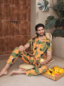Manfinity Conjunto de pijama casual de verano de manga corta de una hilera para hombres (camisa y pantalones)
