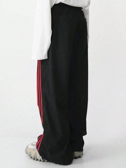 Street Life Pantalones casuales con bolsillo, estampado de letras y rayas para hombres, primavera-verano, escuela