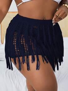 SHEIN Swim Curve 大码流苏镂空海滩罩衫夏季 - 藏蓝色 - 查看 1