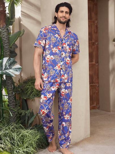 Manfinity ChillVibe Men's Floral Print Lapel Neck Short Sleeve Button-Up Shirt And Pants Home Outfit