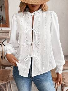 SHEIN Frenchy Blusa de manga larga con corbata delantera bordada para mujer