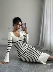 SHEIN Frenchy Women's Ribbed V-Neck Ribbed Print  Sweater Dress, Fall Winter  Long Sleeve Warm Casual - Multicolor - View 5