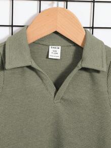 Baby Boy/Girl Green Casual Knitted Textured Fabric Solid Color Simple V-Neck Short Sleeve Polo Shirt And Solid Color Shorts Set - Army Green - View 5