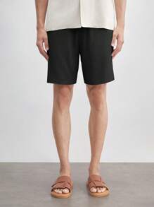 AKNOTIC Business Casual Men's Linen Regular Waist Drawstring Straight Leg Casual Shorts, Suitable For Daily Wear In Summer - Black - View 4