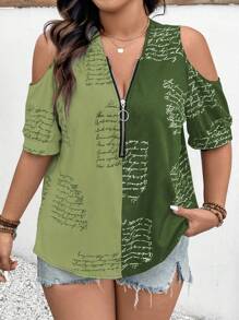 SHEIN Essnce Plus Size Front Zipper Open Shoulder Allover Print Color Block Top, Casual Everyday Wear - Multicolor - View 4