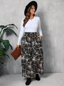 SHEIN LUNE Pantalones anchos casuales rectos de pierna ancha con estampado de hojas de la suerte de talla grande para mujer en otoño