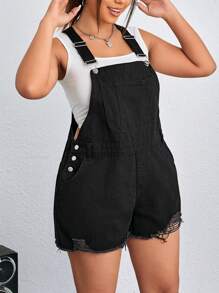 SHEIN CURVE+ Plus Size Black Cotton Loose Bib Denim Overalls Romper - Black - View 4