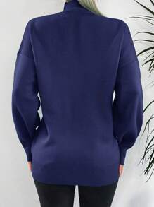 EURMUSE Mock Neck Drop Shoulder Sweater - Navy Blue - View 2