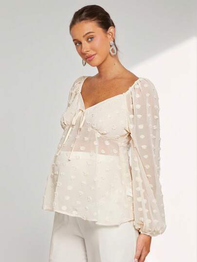 MaterniChic 孕妇长袖方领蝴蝶结前部常规款式衬衫，适合婴儿洗礼