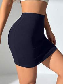 SHEIN EZwear Váy dài đến đầu gối dáng ôm cơ bản màu trơn cho nữ cỡ lớn - Màu xanh hải quân - Xem 3