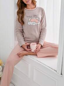 RueChic 100% Cotton 2Pcs  Striped&Embroidry Detail Shirt And Long Bottom Lounge Set - Dusty Pink - View 5