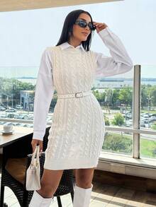 EURMUSE Cable Knit Sleeveless Round Neck Sweater Dress - Beige - View 3