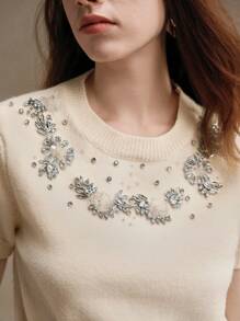 Anewsta Handmade Embroidered & Beaded Knit Top - Apricot - View 5