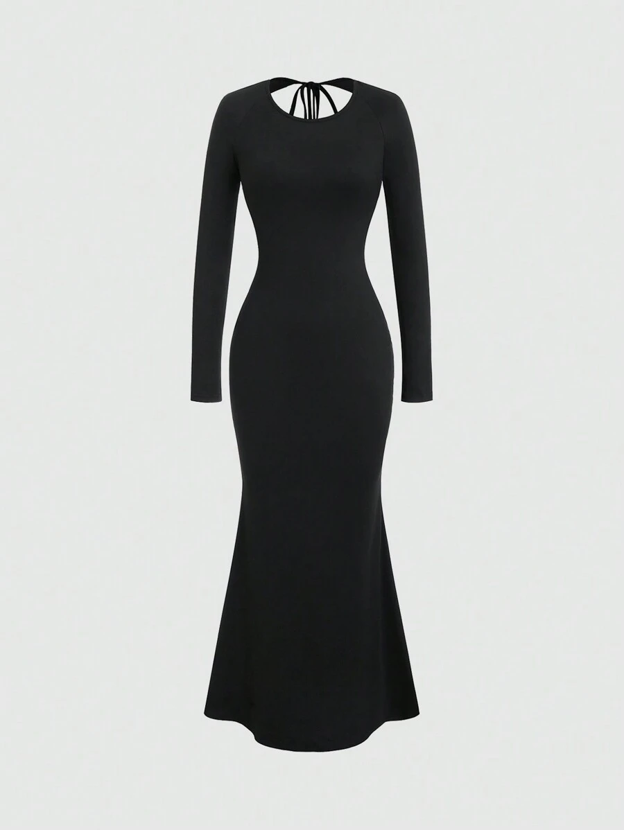 SHEIN Unity Damen Körperbetonte Kleid mit Rückenausschnitt, Bindedetail und Fischschwanz-Saum, für Frühling und Sommer, einfarbig - Schwarz - Übersicht 1