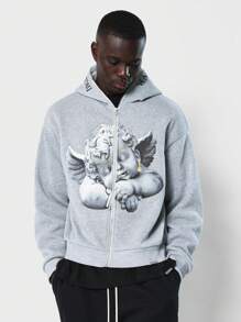 SUMWON Zip Up Hoodie Angel Cherub Statue Print Renaissance Art Winter Streetwear Classic Sweatshirt With Chain Lock Detail - Light Grey - View 1