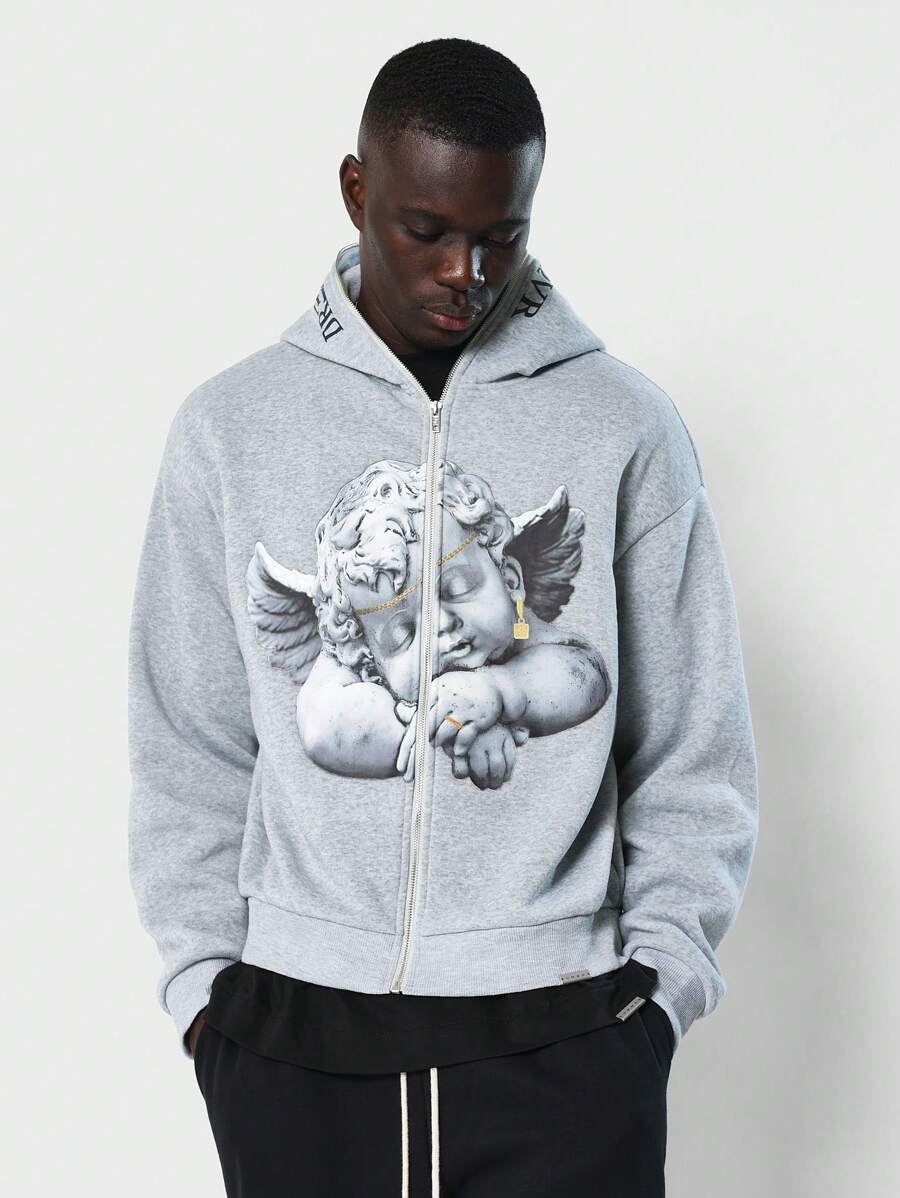 SUMWON Zip Up Hoodie Angel Cherub Statue Print Renaissance Art Winter Streetwear Classic Sweatshirt With Chain Lock Detail - Light Grey - View 1