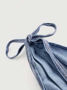 SHEIN MOD Plus Size Women's Blue Denim Bow Decor One Shoulder Blouse