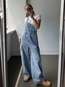 DAZY 女士带口袋牛仔背带裤，直筒宽松休闲舒适连体裤 - 藍色 - 查看 7