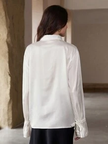 SHEIN Privé Áo sơ mi nữ tay chuông buộc dây phong cách cổ điển - trắng - Xem 2