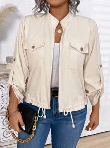 Plus Size Women's Solid Color Turn-Up Sleeve Loose Utility Pockets Casual Jacket, Spring Autumn
