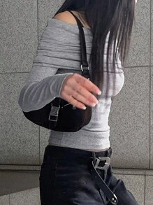 DAZY 女款露肩長袖性感T恤，秋季露肩上衣，適合上學與外出穿著 - 灰色 - 查看 3
