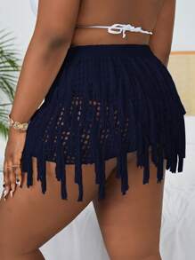 SHEIN Swim Curve 大码流苏镂空海滩罩衫夏季 - 藏蓝色 - 查看 3
