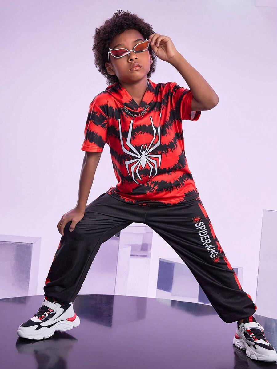 SHEIN Tween男孩蜘蛛印花連帽T恤和字母圖形運動長褲 - 紅色 - 查看 1