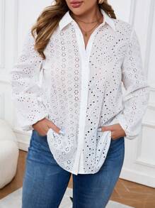 EMERY ROSE Camisa casual ajustada de manga larga con botones y bordados para tallas grandes