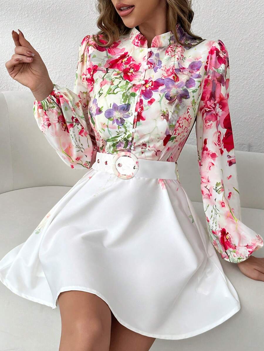 Chiquease Regular Lantern Sleeve Printed Belted Women's Dress - Multicolor - View 1