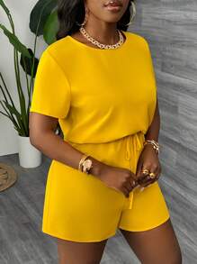 Slaydiva Casual Loose Round Neck Cinched Waist Women's Jumpsuit - Yellow - View 3