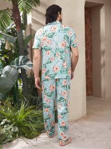 Men's Leaf Print Single Breasted Short Sleeve Top And Pants Pajama Set - Blue - View 4