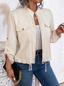 Plus Size Women's Solid Color Turn-Up Sleeve Loose Utility Pockets Casual Jacket, Spring Autumn