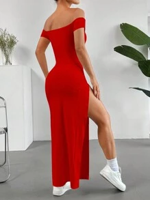 SHEIN EZwear 女士夏季纯色露肩高开叉连衣裙，优雅 - 紅色 - 查看 2