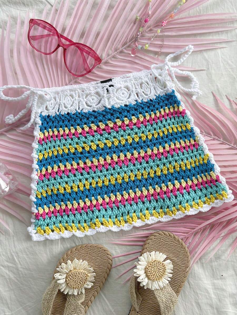 Soleia Jupe tricotée courte à rayures arc-en-ciel pour vacances et loisirs - Multicolore - Voir 1